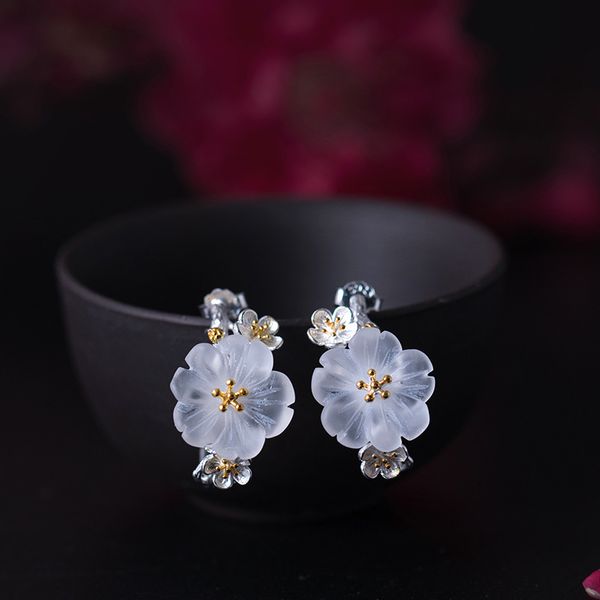

genuine 100% 925 sterling silver beautiful crystal plum earrings woman chinese antique flower design boutique jewelry wedding, Golden;silver