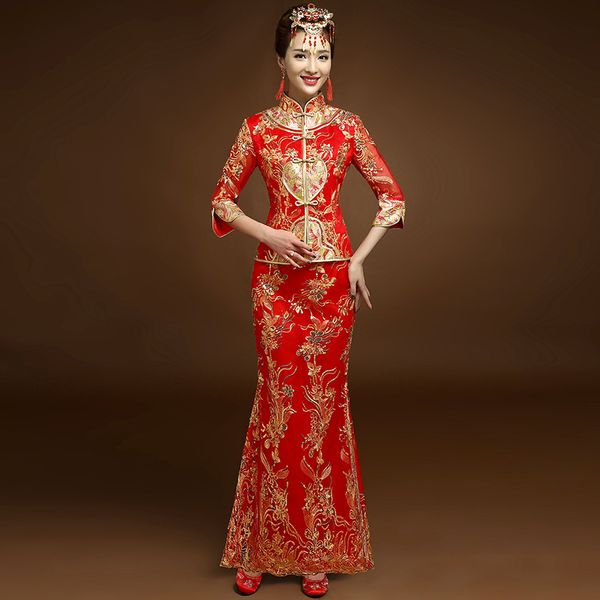 

red embroidery chinese traditional cheongsam qipao dresses long wedding dress oriental wedding gowns bride traditions