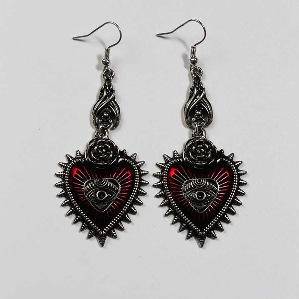 

huanzhi new 2020 red glaze gothic love heart rose vintage silver bat punk metal long drop earrings for women party jewelry