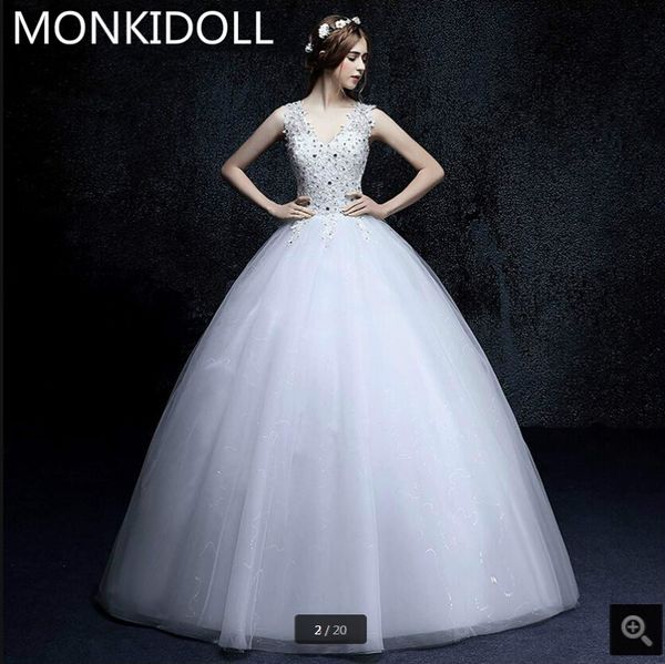

vestido de noiva 2019 новое прибытие кружева аппликации бальное платье свадебные платья 2017 бисером блестками v-образным вырезом без рукаво, White