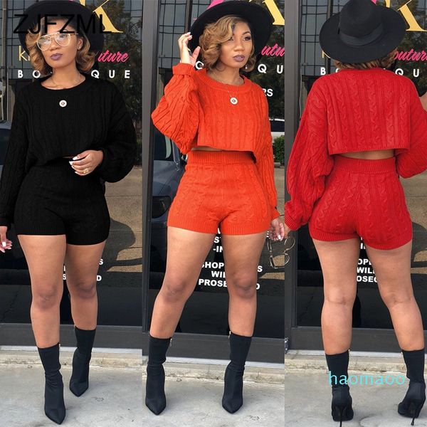 Venda Quente - Outono Inverno 2 Dois Pedação Set Mulheres Manga Longa Malha Camisola Crop Tops e Bodycon Shorts Casual Outfit Warm Tracksuit