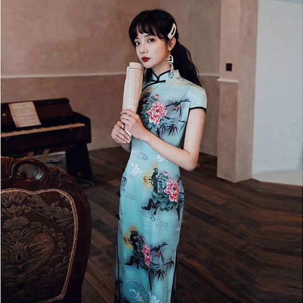 

старинные мандарин воротник qipao печати цветок синий cheongsam vestidso oversize китайские женщины высокий сплит сексуальное вечернее плать, Red