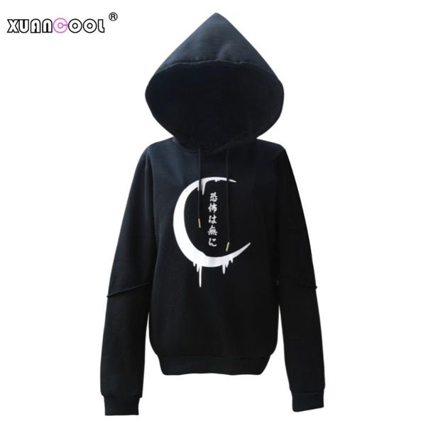 

hoodies women gothic moon japanese letters printed stitching sleeve pullover ladies coat big hat sweatshirts moletom, Black