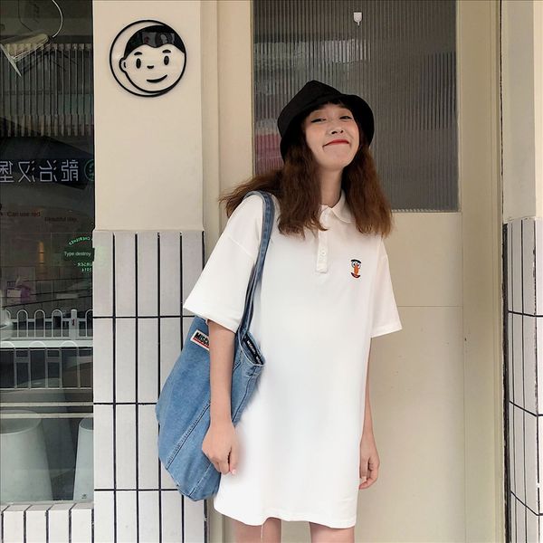 

short sleeve lapel long female east gate women's delicate sesame street embroidery student cotton t-shirt cotton t-shirt female, White