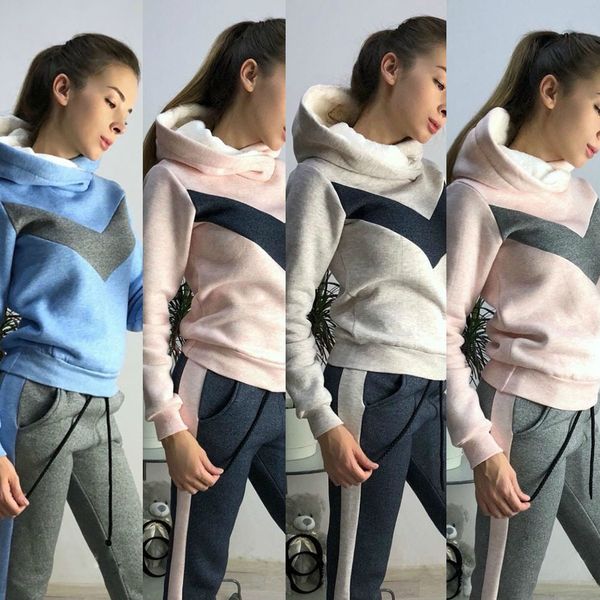 

models in europe america women's women's trousers suit new winter sports and leisure fleece two-piece suit, White