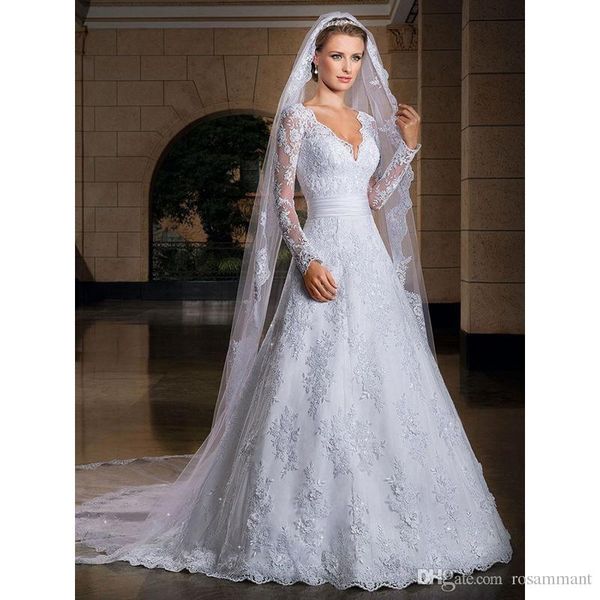 

new arrival v-neck long sleeve wedding dresses a-line custom-made bridal gown plus size vestido de noiva, White