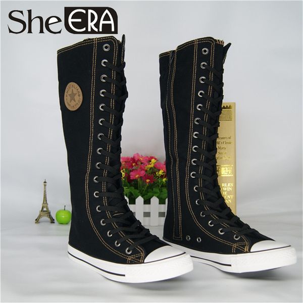 

2018 new fashion canvas lace zip boots women cheerleaders dance knee high boots women tall casual flats shoes punk girls, Black