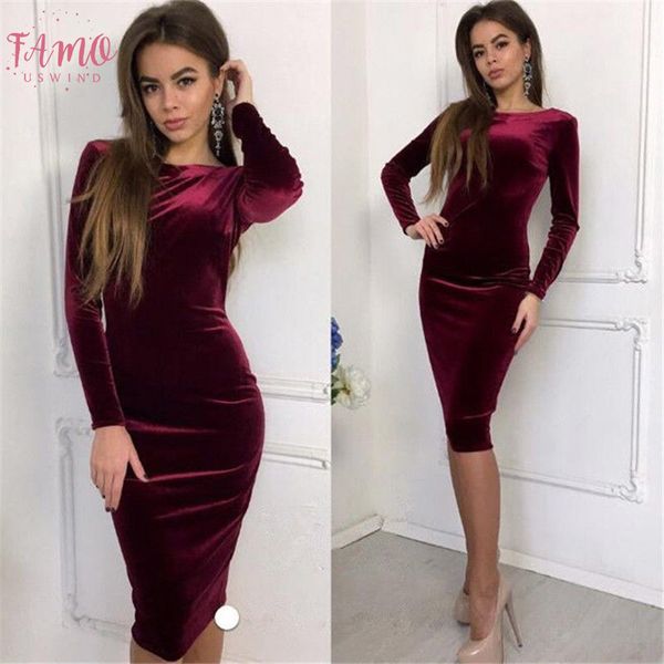 

vintage mid calf dress women long sleeve solid sheath dress bodycon dress evening party midi ladies velvet dresses, Black;gray