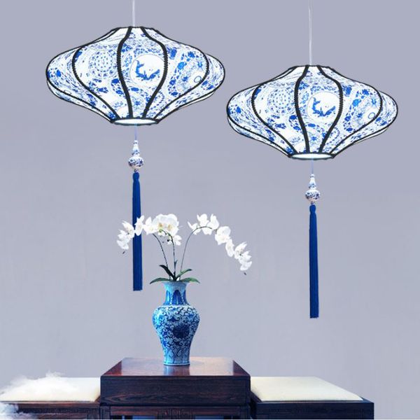 New Chinese Chandelier Lighting Antique Blue And White Porcelain Sheepskin Fabric Hot Pot Restaurant Tea House Tea Room Chinese Style Pendant Light
