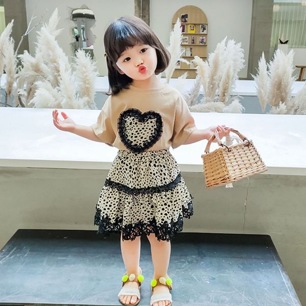 

girl clothing sets summer new girl clothes suit kids two-piece lace leopard skirt t-shirt baby clothes kids outfits, White