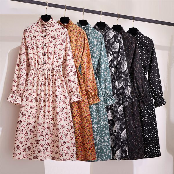 

women dress 2020 spring summer new fashion elastic waist long sleeve vintage floral print a-line chiffon dresses casual vestidos, Black;pink