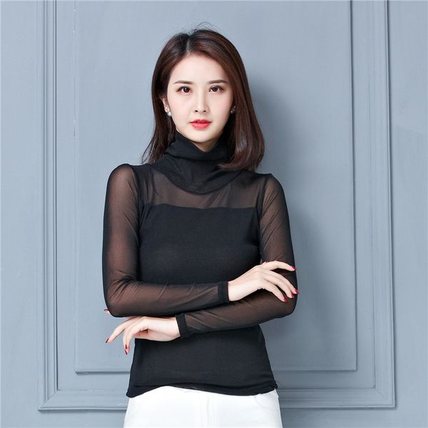 

women's shirt long sleeve perspective online clothing high-neck slim large size autumn and winter elastic elegant women's shirt, White