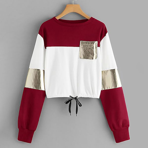 

feitong sequin sweatshirt fashion women ladies o-neck long sleeve bandage patchwork pocket sweatshirt femme, Black
