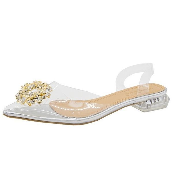 

summer clear transparent rhinestone sandals women shoes woman crystal circle buckle pointed toe square low heels ladies shoes, Black