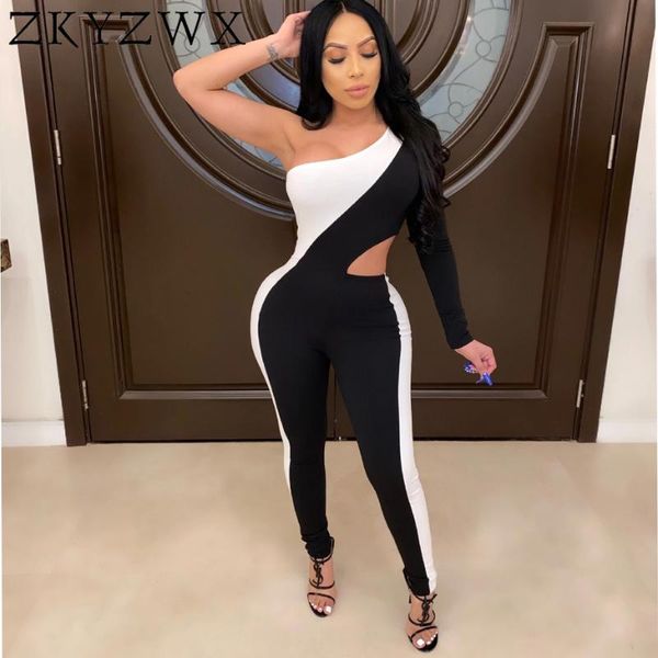 

zkyzwx bodycon overalls stretch summer clother one piece club body outfits one shoulder backless rompers womens jumpsuit, Black;white