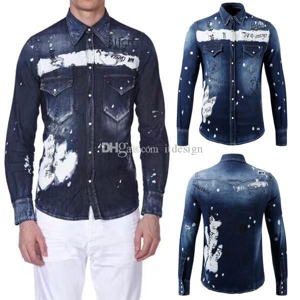 

2019 graffiti painted denim shirt for men printed letters bleach washed distressed longsleeves shirts cool guy, White;black