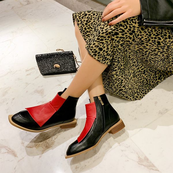 

zipper mixed color female boots ankle leather boots women's martin boots dress shoes non-slip oxford bottom strange style boot, Black