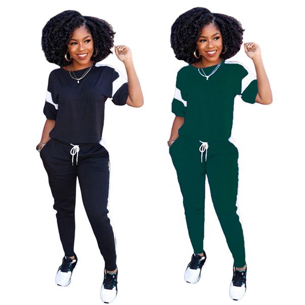 

2020 spring summer new women tracksuit short sleeve tshirt+pants casual patchwork sportswear letter sweatsuits outdoor jogging suit 2567, Black;gray