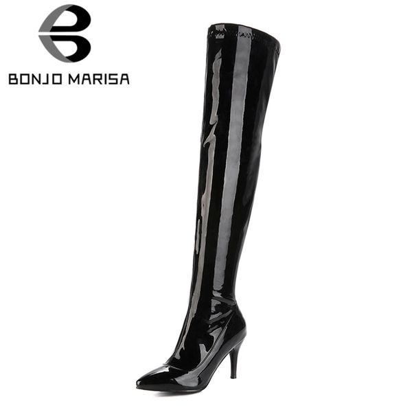 

bonjomarisa new plus size 32-46 patent pu thin high heels pointed toe zip shoes woman party over the knee thigh high boots, Black