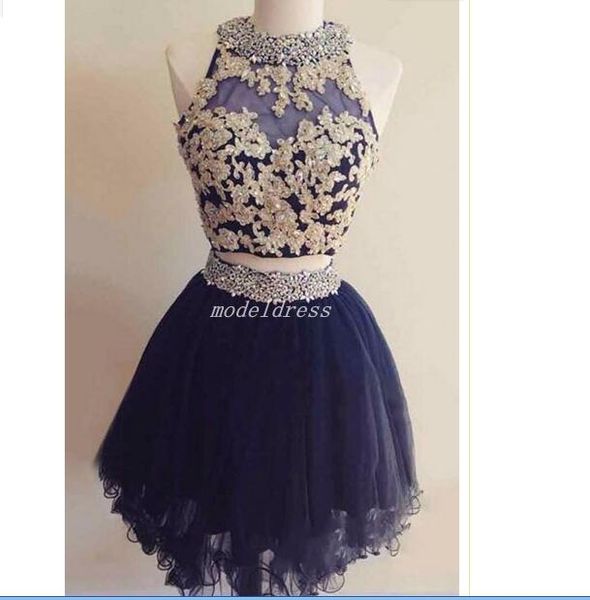 

dark navy short two pieces homecoming dresses jewel backless gold appliques beaded mini prom cocktail party gowns vestidos de cÃ³ctel, Red