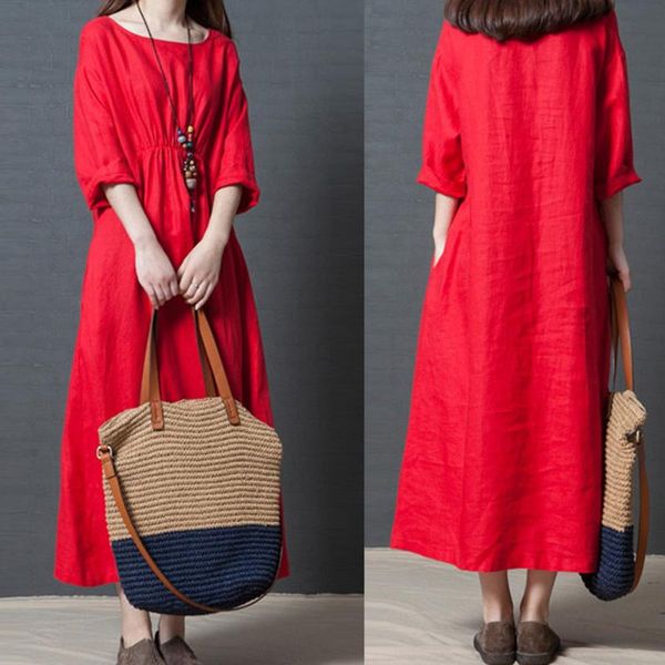 

plus size women's dress women fashion summer pure color three-quarter sleeve dresses pleated cotton and linen dress #r20, Black;gray