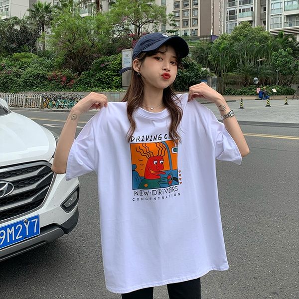 

with enjun] a201 loose half-sleeve cartoon head printing short-sleeved midi round collar t-shirt [with enjun] a201 loose half-sleeve cartoo, White