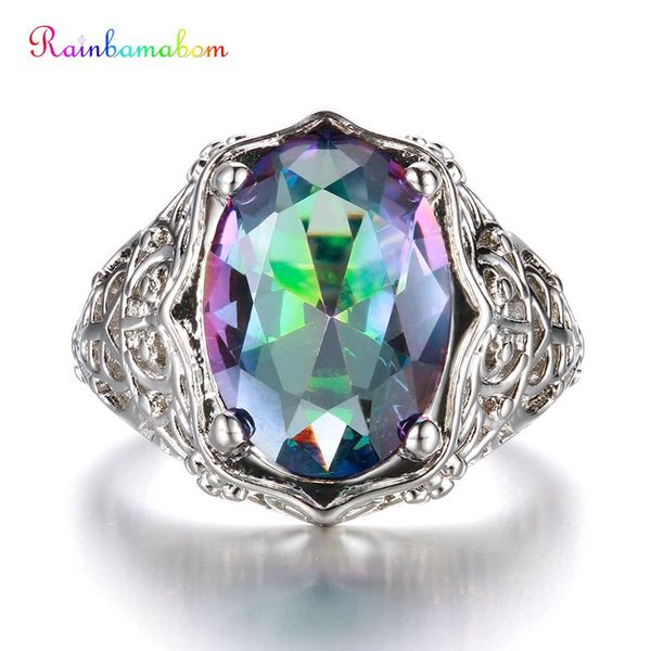 

rainbamabom 925 solid sterling silver mystic rainbow z gemstone wedding engagement hollow ring fine jewelry gifts wholesale, Golden;silver