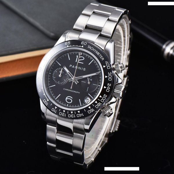 

39мм черный циферблат сапфировое стекло дата полный chronograph кварцевый мужские часы, Slivery;brown