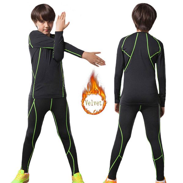 

boys warm velvet long sleeve basketball football jerseys sports base layers workout training suit jogging t shirt & bottom pants