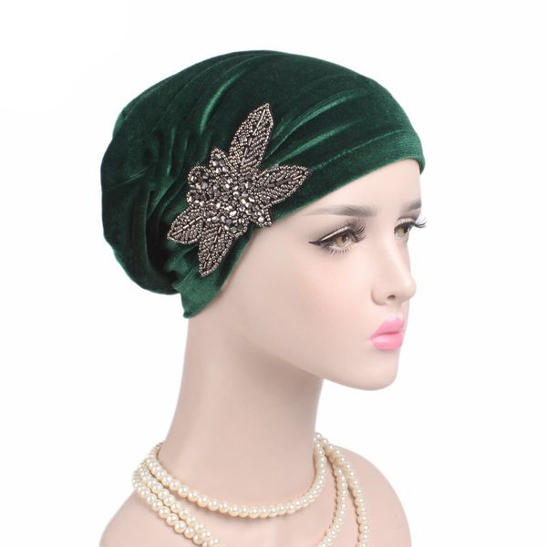 

soft velvet turban hat muslim india cap women elegant beaded flower beanie chemo cap for cancer hair loss ladies bonnet femme, Blue;gray