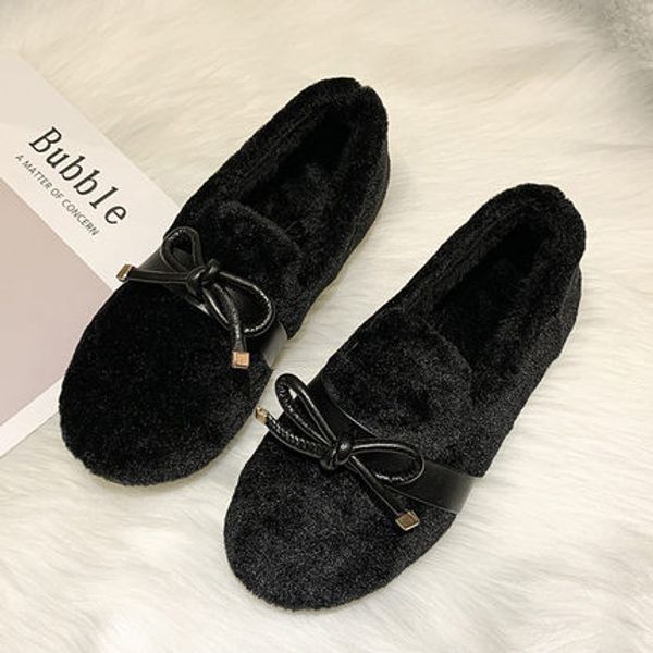 

2019 autumn and winter new bow beanie hair shoes plus velvet thick bottom net red women's shoes tide, Black