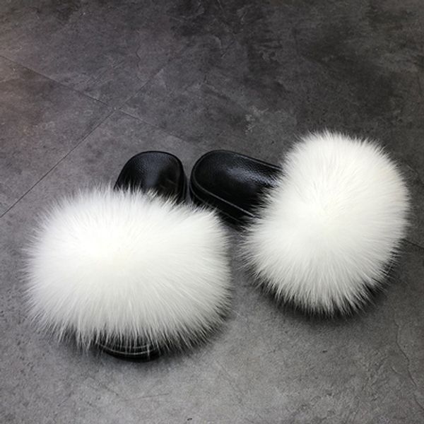 

wholesale big fur slides fox fur slipper female fox fur women slippers, Black