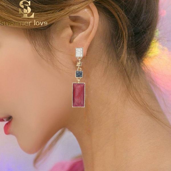 

korean style simple long earrings geometric red stone dangle earrings for women girls trendy temperament jewelry gift wholesale, Silver
