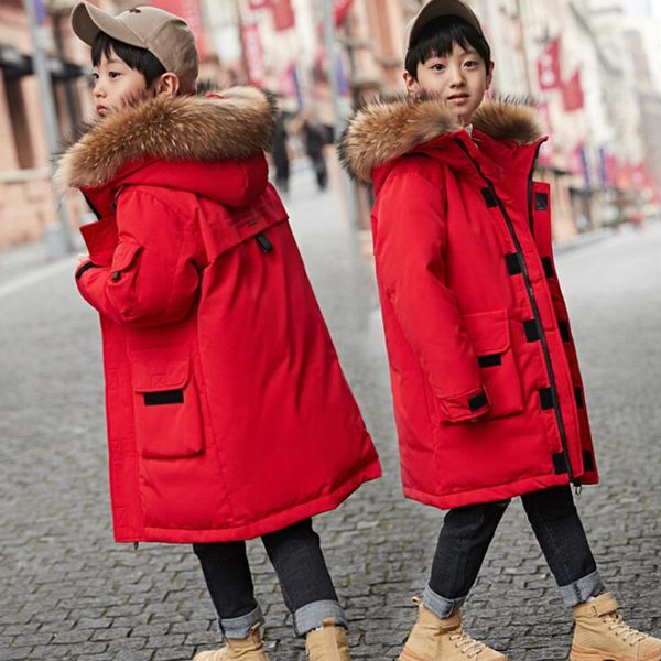 

winter parka boys kids down jacket clothes white duck down coat big real fur collar thick warm children jackets outerwear 5-9t, Blue;gray