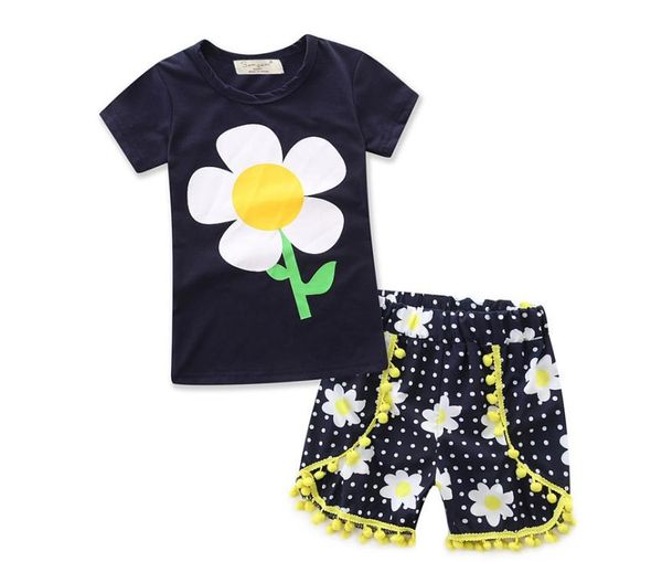 

summer girl clothing sets girl cute flowers short sleeve shirt + shorts 2 piece sets fashion girls clothes suit, White
