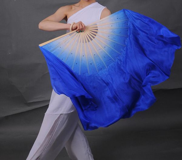 

100% silk chinese style bamboo folding fan pair belly dance silk veil folk danc double fan white royal blue gradient assort size, Black;red