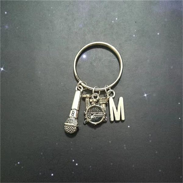 

drum charm keychain, initial keychain, microphone drum graduation gift, Silver