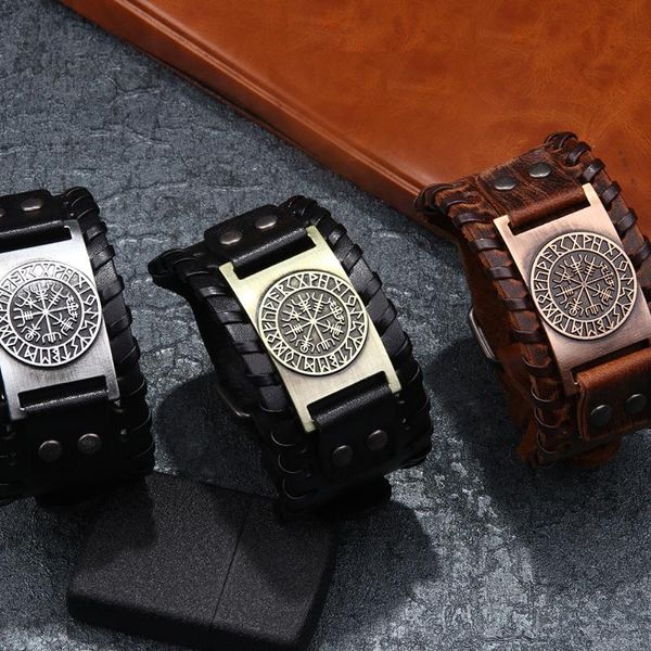 

vintage norse viking compass leather bracelets thor mjolnir hammer moon star wolf life tree odin's rune bangles men jewelry gift, Black