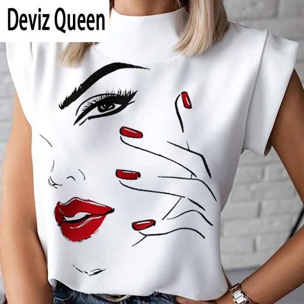 

elegant lips eyes print blouse shirts women o neck short sleeve basic 2020 summer casual streetwear shirt pullover feminine, White