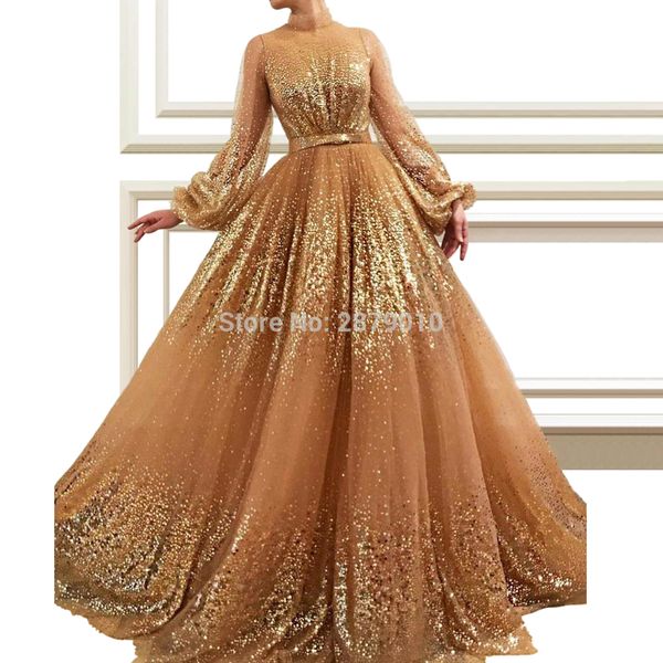 

a-line glittery high-neck evening dress full sleeves floor-length sequins women dress prom party brilliant turkish, White;black