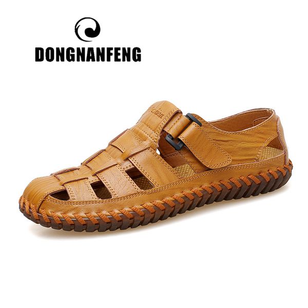

dongnanfeng men's retro casual cow genuine leather shoes sandals soft cool beach summer pigskin hook loop size 38-47 xld-99006, Black