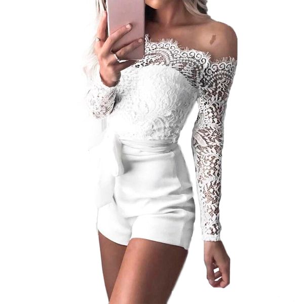 

women summer personality solid color off shoulder lace long sleeve lace-up jumpsuits, Black;white