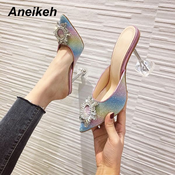 

aneikeh sequins rainbow colorful women's pumps thin high heels beads pointed end pumps wedding elegant dress party shoes summer, Black