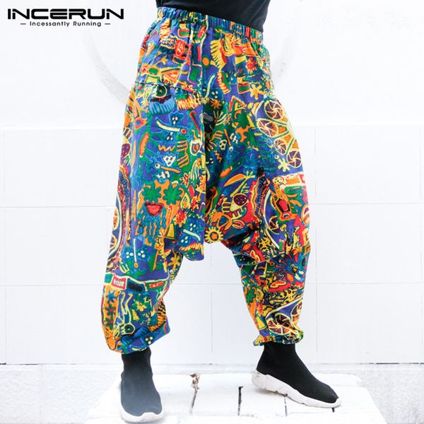 

incerun 2019 men harem pants ethnic print big crotch vintage hip-hop trousers men women loose elastic waist nepal pants m-5xl, Black