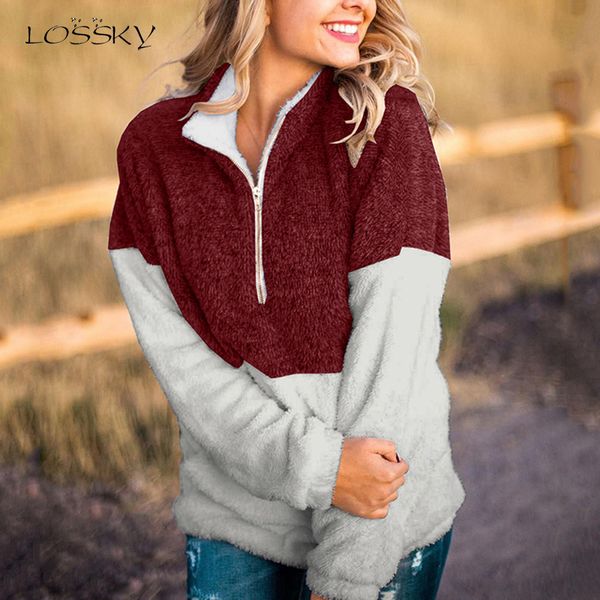 

lossky sweatshirts color stitching zipper women long sleeve pocket high collar new autumn winter pullover warm sweatshirts, Black