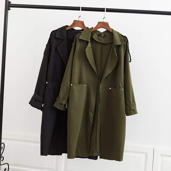 

2019 plus size casual trench coat spring women clothing fashion loose long sleeve chiffon open stitch outerwear f3-1902, Tan;black