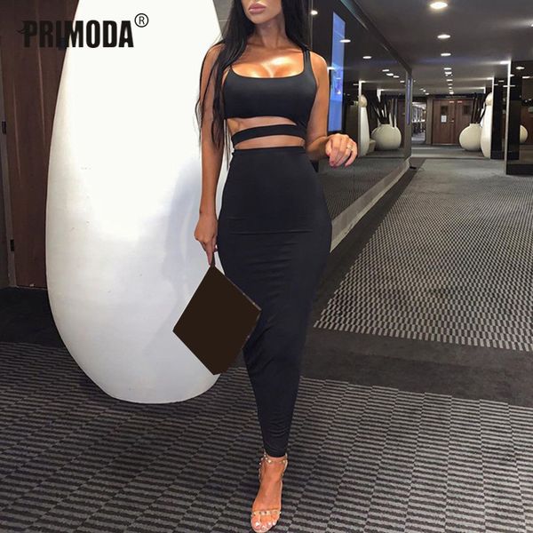 

autumn new women sets sleeveless crop long midi skirts elastic waist solid club neon suit hollow 2 piece sets pr024g, White