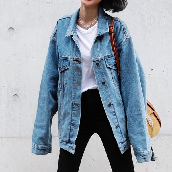 

fashion loose beading washed denim jeans jacket women loose long sleeve jeans coat retro cowboy denim casual jacket, Black;brown