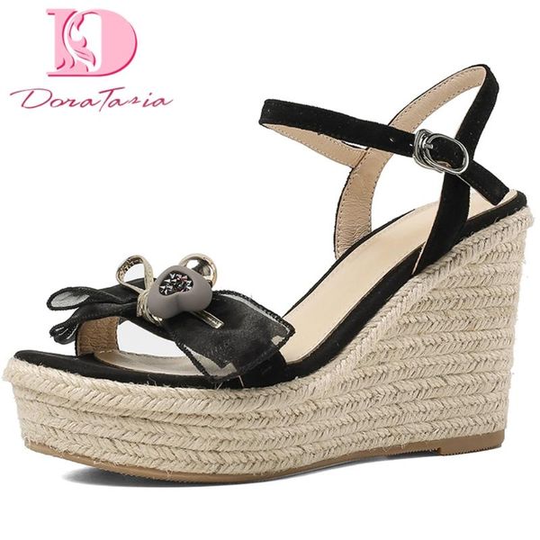 

doratasia 2020 elegant straw platform sheepskin suede leather high heels summer shoes women wedges sandals, Black