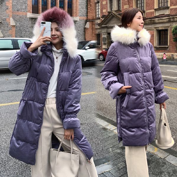 

2019 fashion fur winter puffer jacket cotton padded warm coats parka corduroy women thicken ladies long coat womens jackets, Black